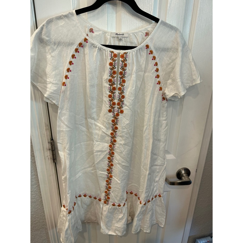 Madewell Dress White Embroidered Floral Linen Blend Ruffle Hem Mini Boho S